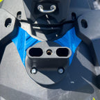 Close-up of a black accessory mount installed beside a blue Sea-Doo Spark bracket