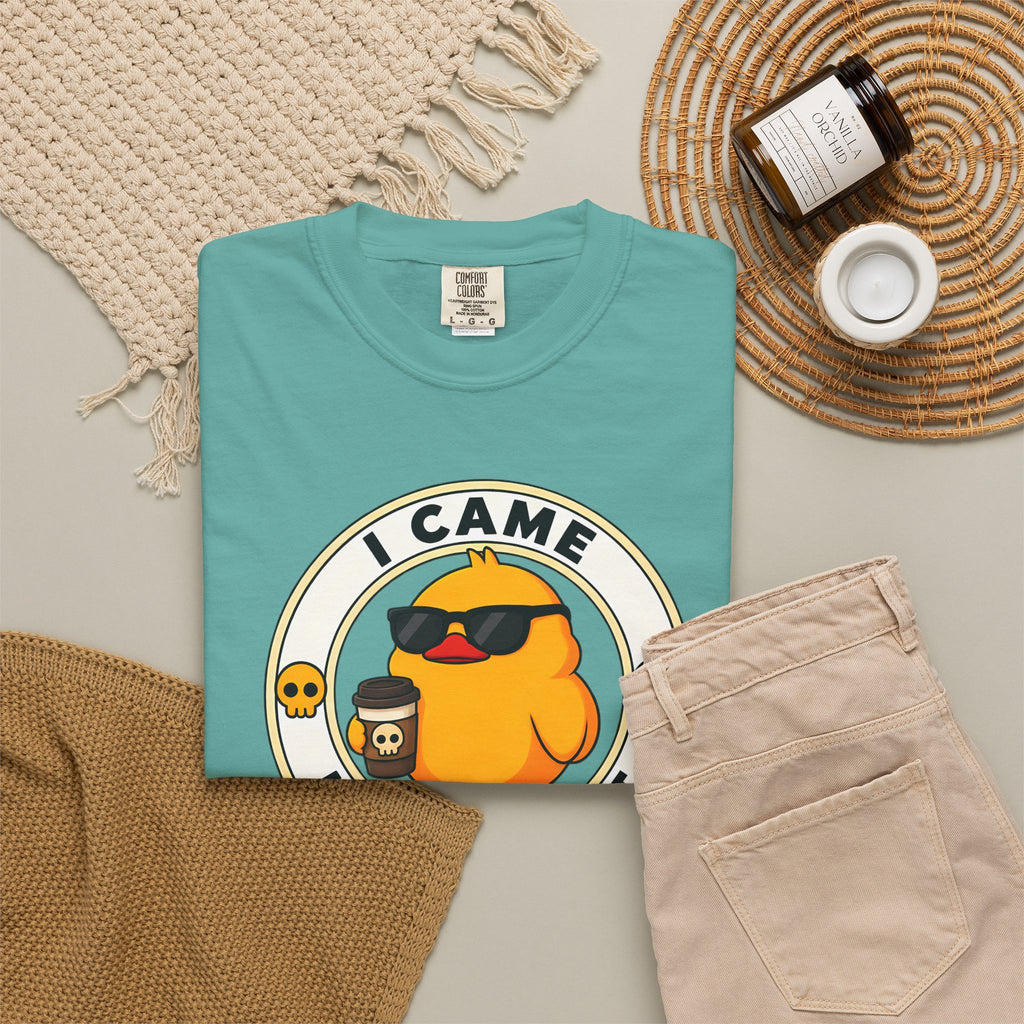 I Came, I Saw, I Hate It Duck Tee in Seafoam — styled flat lay with jeans and candle