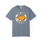 Too Tired Duck Tee in Blue Jean — front flat lay with graphic print