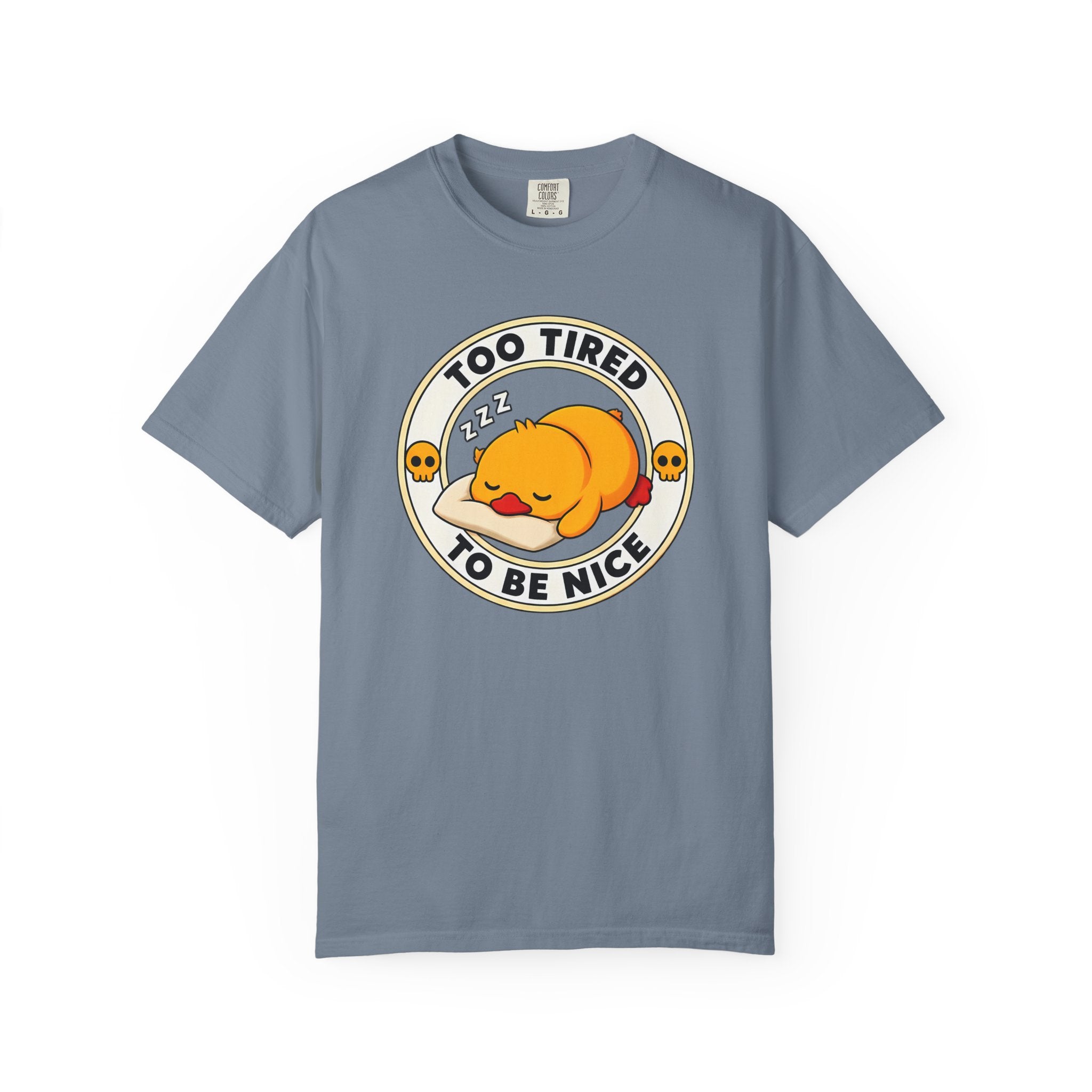 Too Tired Duck Tee in Blue Jean — front flat lay with graphic print