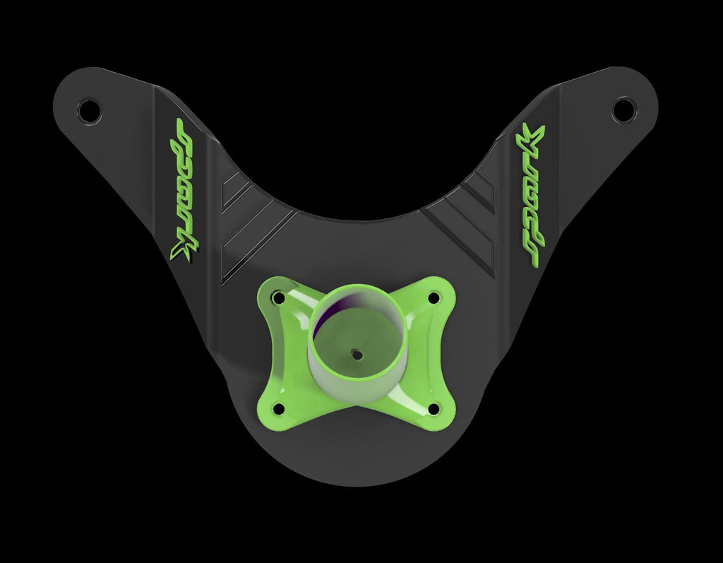 3D render of the black Sea-Doo Spark gas can bracket with the green flag mount attached on top