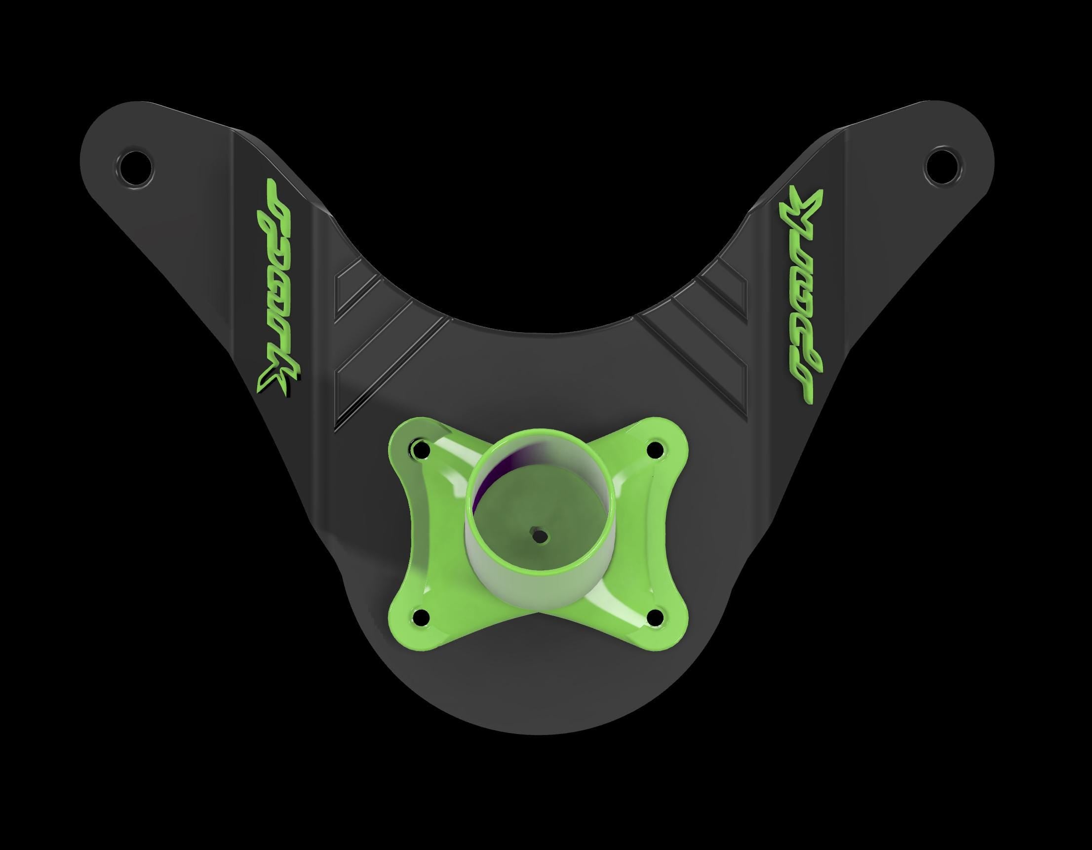 3D render of the black Sea-Doo Spark gas can bracket with the green flag mount attached on top