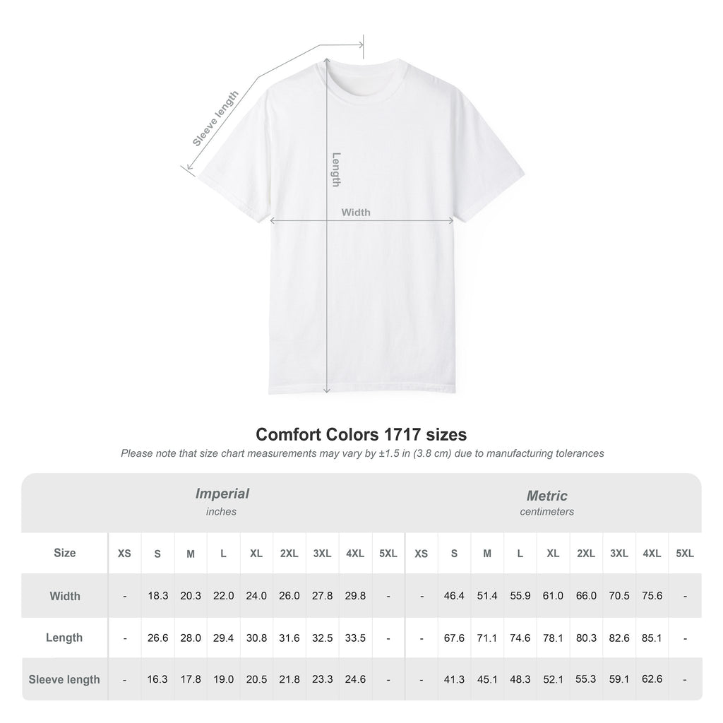 Comfort Colors 1717 size chart for the Too Tired Duck Tee