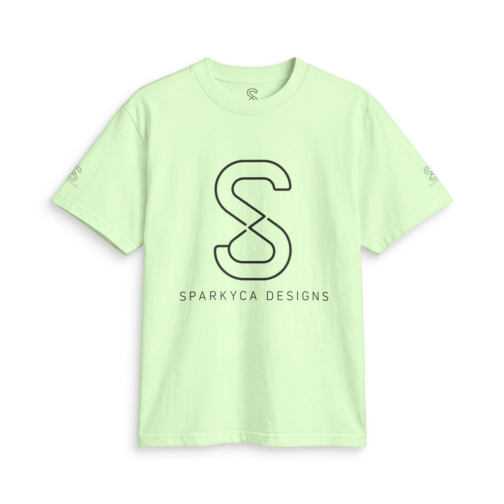 Pale mint green SparkyCA logo tee, front flat lay with black outline S logo and wordmark