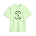 Pale mint green SparkyCA logo tee, front flat lay with black outline S logo and wordmark