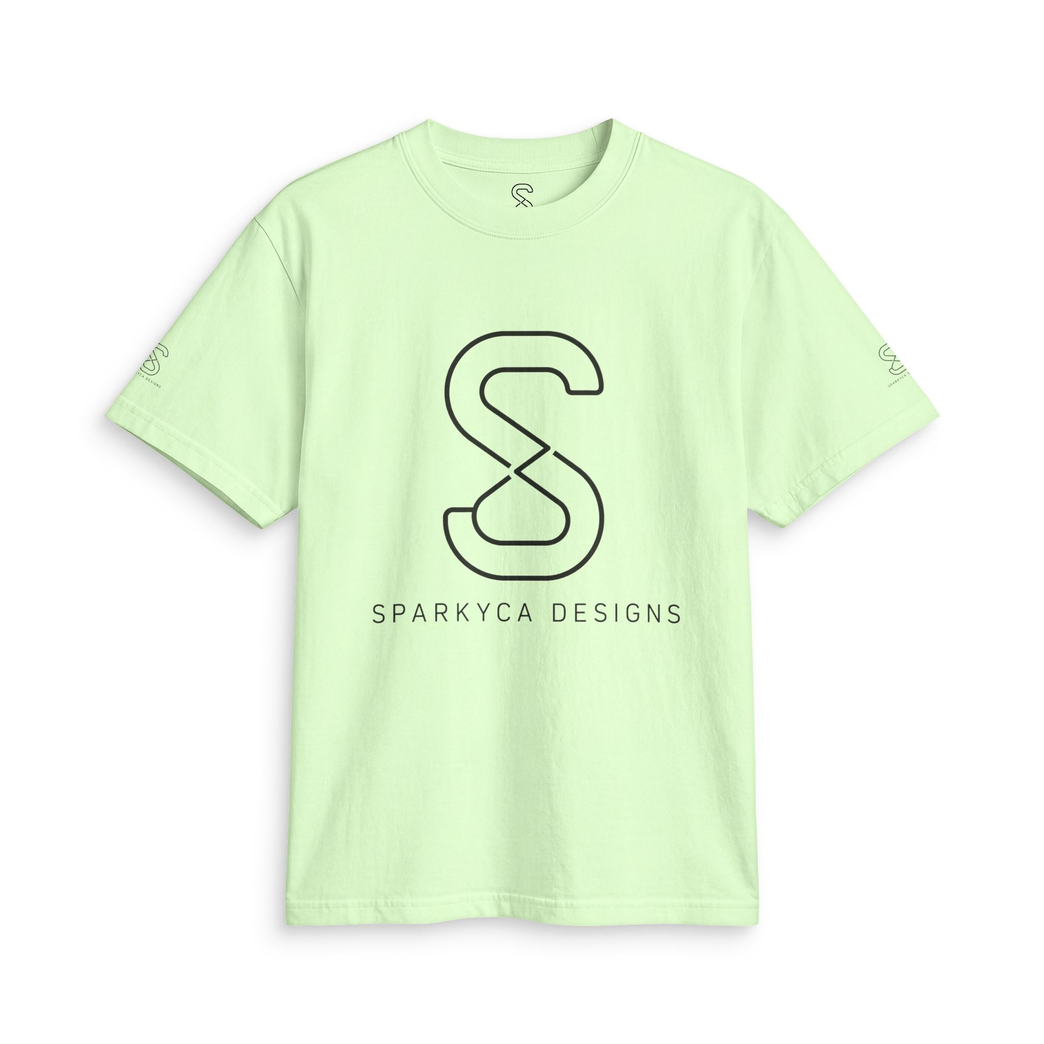 Pale mint green SparkyCA logo tee, front flat lay with black outline S logo and wordmark