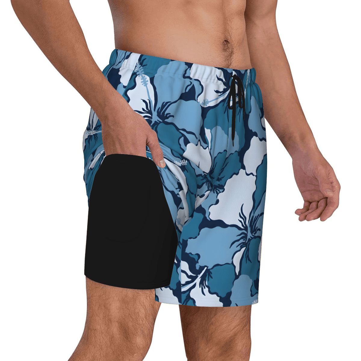 Blue hibiscus print swim shorts, side view showing black interior pocket lining
