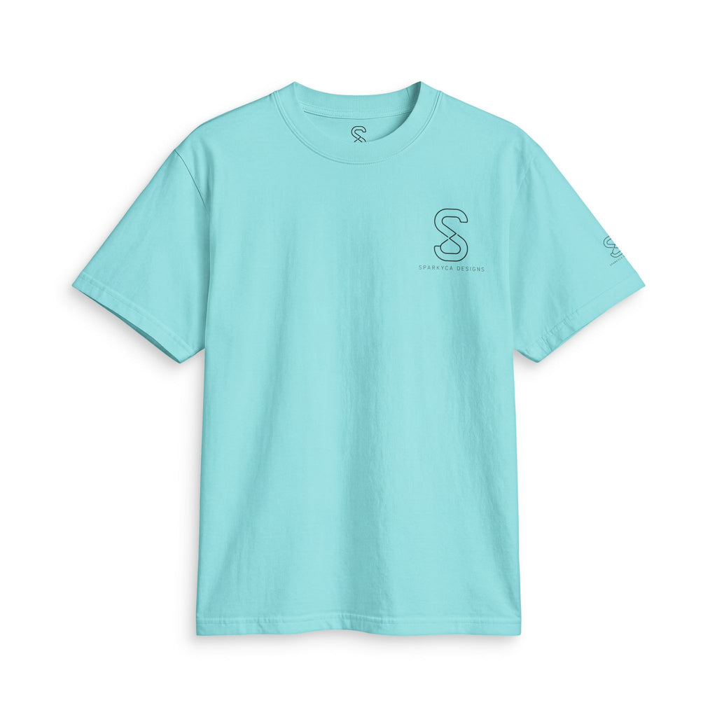 SparkyCA Designs Classic Crewneck Tee in Tiffany Blue — front flat lay with chest logo