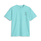 SparkyCA Designs Classic Crewneck Tee in Tiffany Blue — front flat lay with chest logo