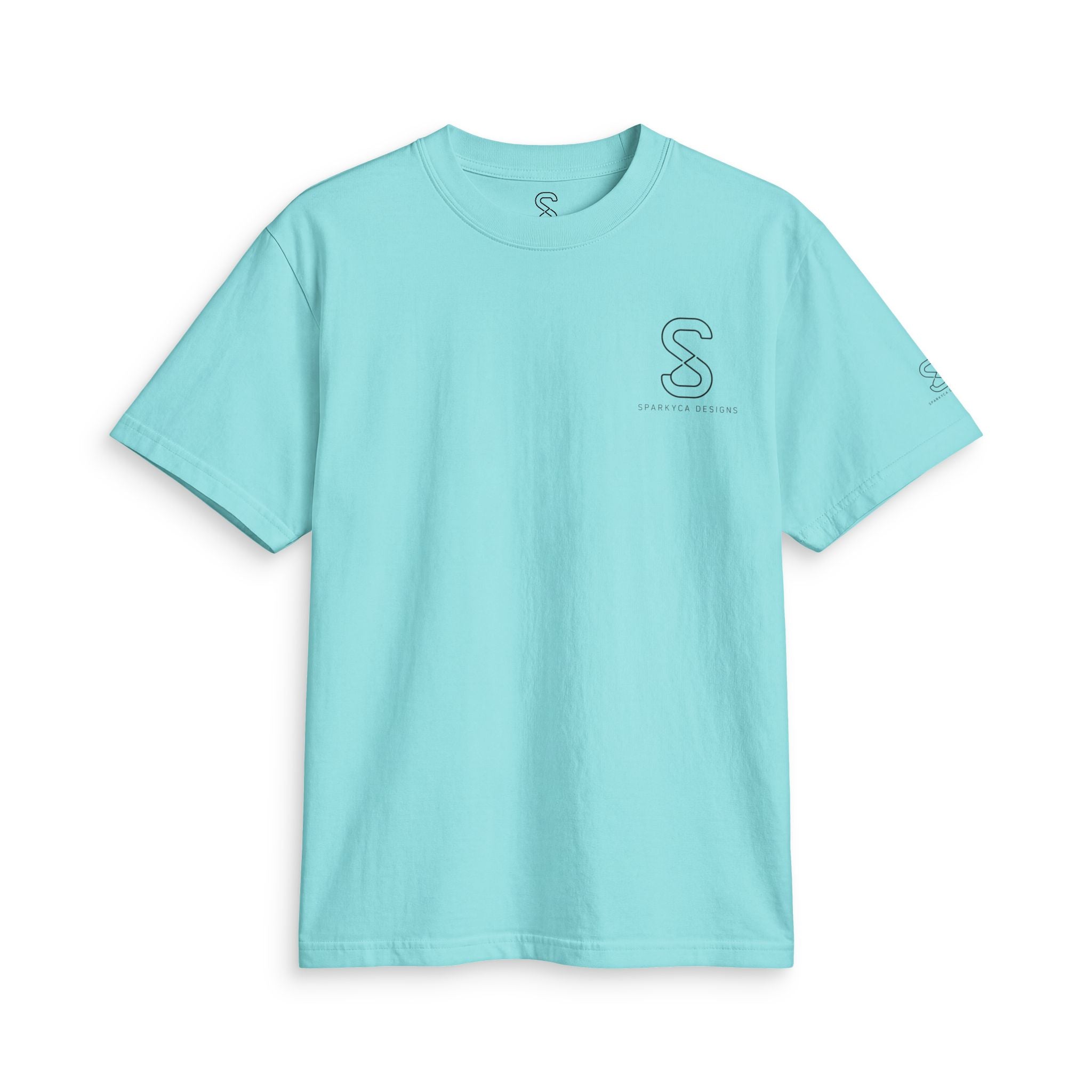 SparkyCA Designs Classic Crewneck Tee in Tiffany Blue — front flat lay with chest logo