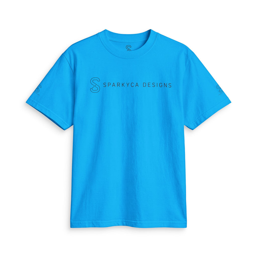 Bright blue SparkyCA t-shirt, flat lay front view