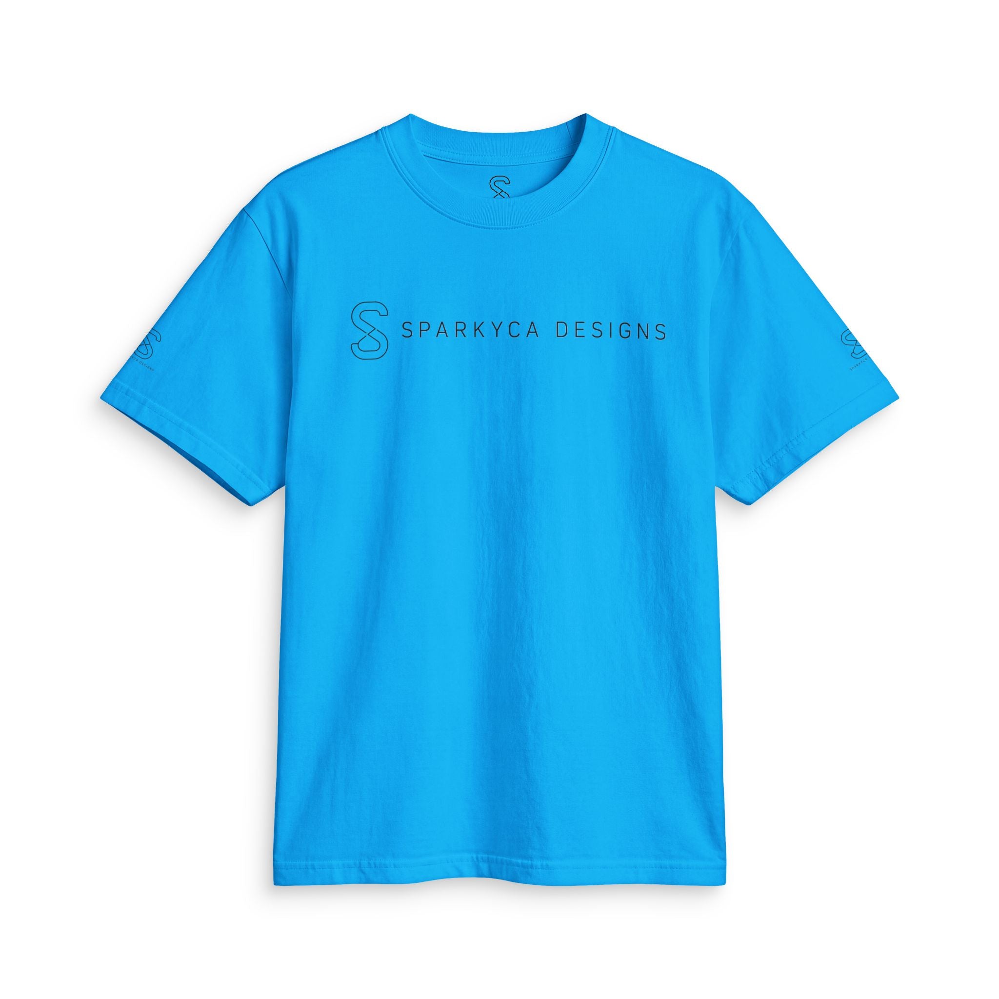 Bright blue SparkyCA t-shirt, flat lay front view