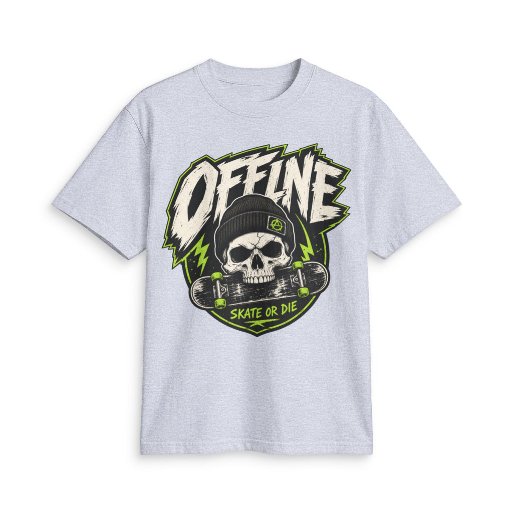 Heather grey Offline Skate or Die graphic tee laid flat, showing the front skull-and-skateboard print.