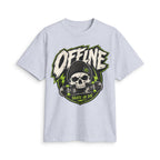 Heather grey Offline Skate or Die graphic tee laid flat, showing the front skull-and-skateboard print.