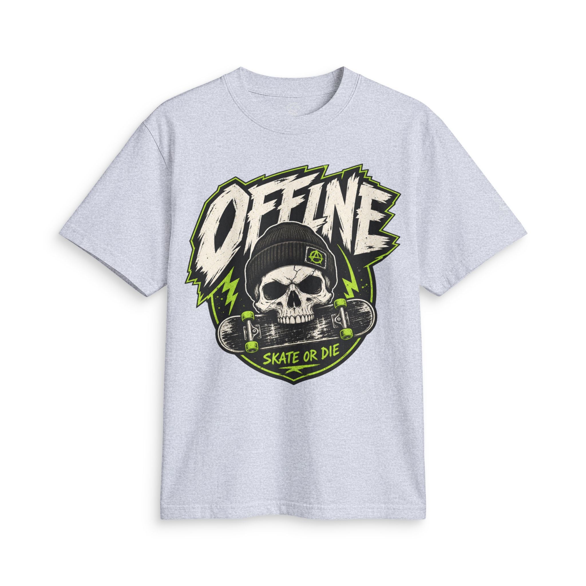 Heather grey Offline Skate or Die graphic tee laid flat, showing the front skull-and-skateboard print.