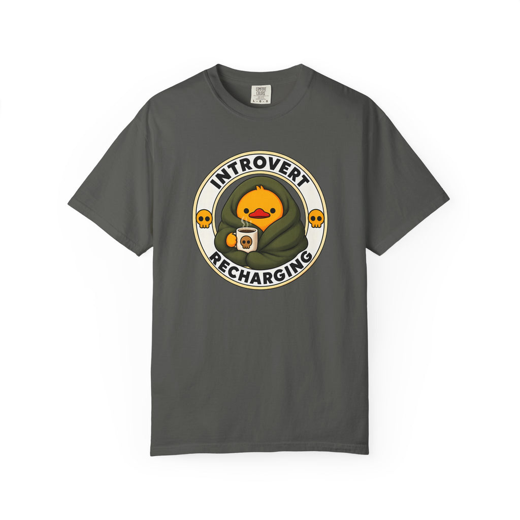 Introvert Duck Tee in Pepper — front flat lay with graphic print