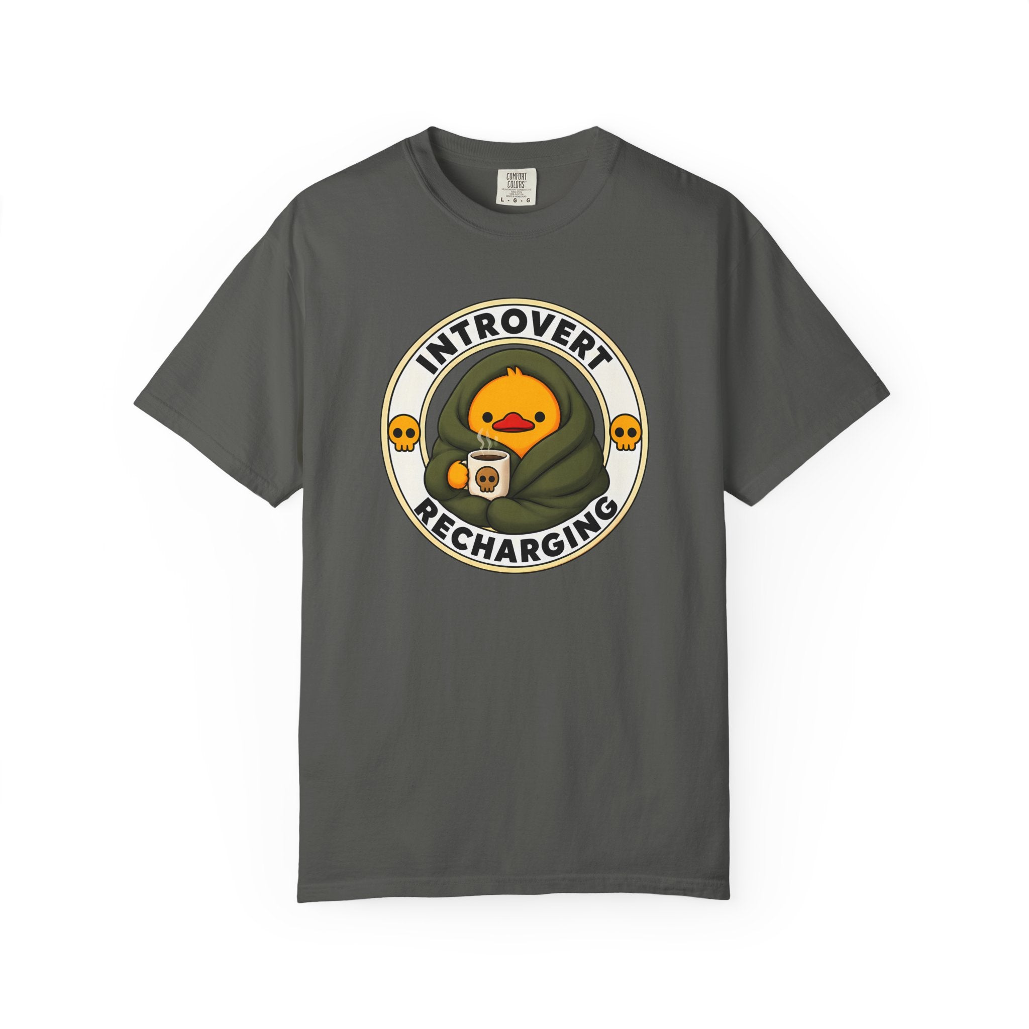 Introvert Duck Tee in Pepper — front flat lay with graphic print