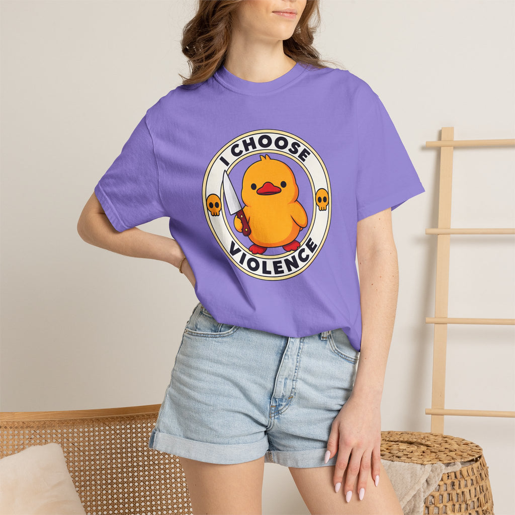 Woman wearing the I Choose Violence Duck Tee in Violet, close-up front view