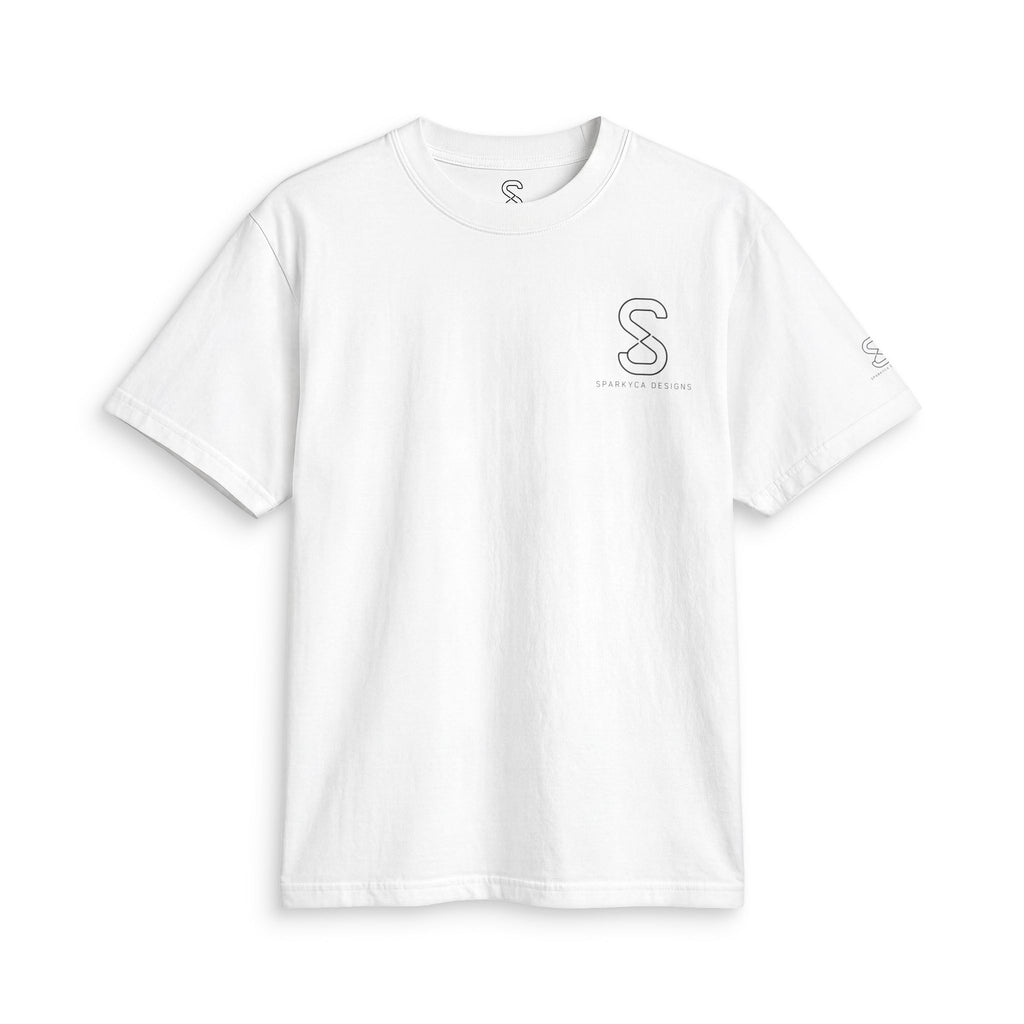 SparkyCA Designs Classic Crewneck Tee in White — front flat lay with chest logo