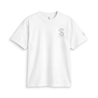 SparkyCA Designs Classic Crewneck Tee in White — front flat lay with chest logo