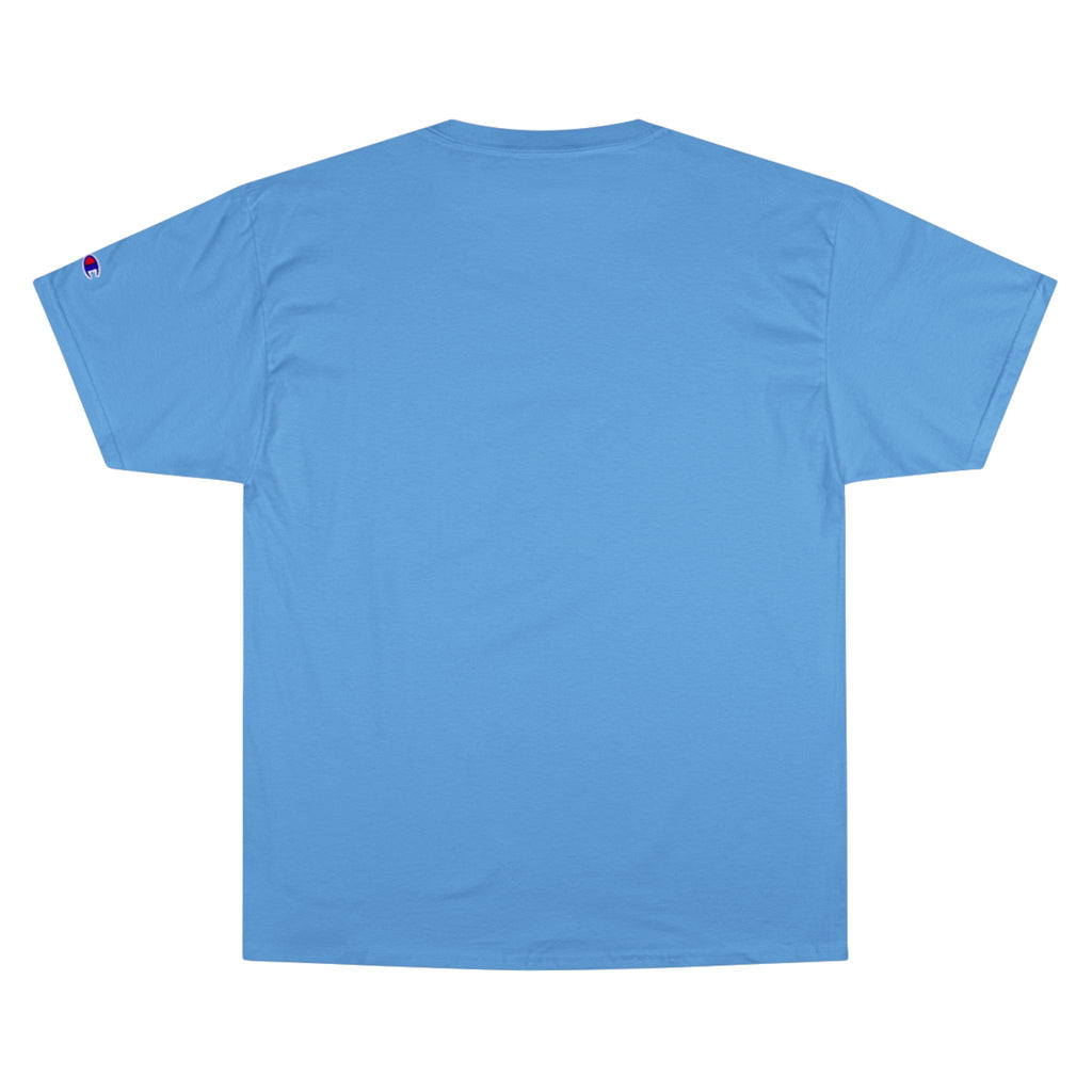 Wave Lover Ocean Soul Tee in Light Blue — blank back view showing Champion sleeve logo