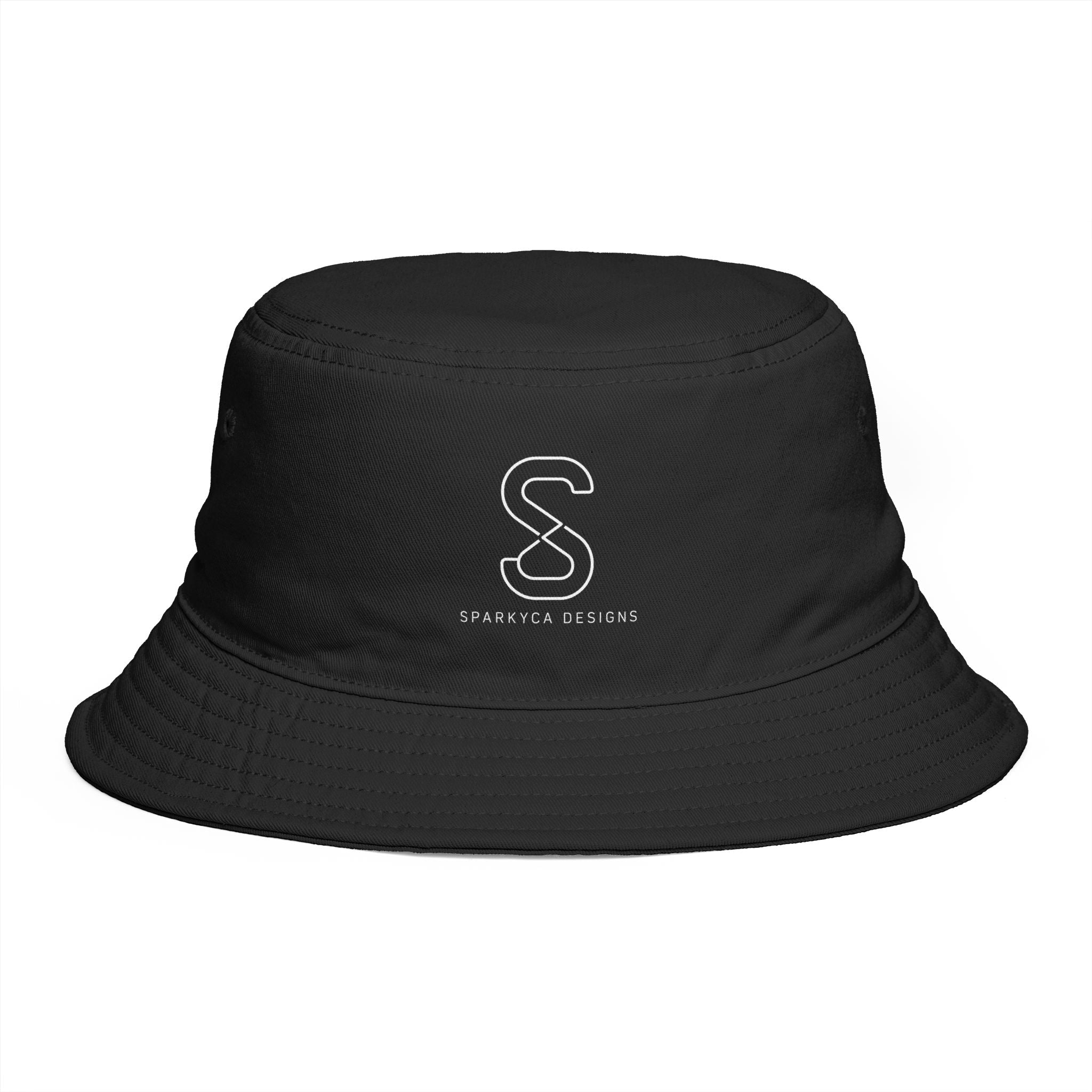 SparkyCA Bucket Hat in Black — front view flat lay with embroidered S logo