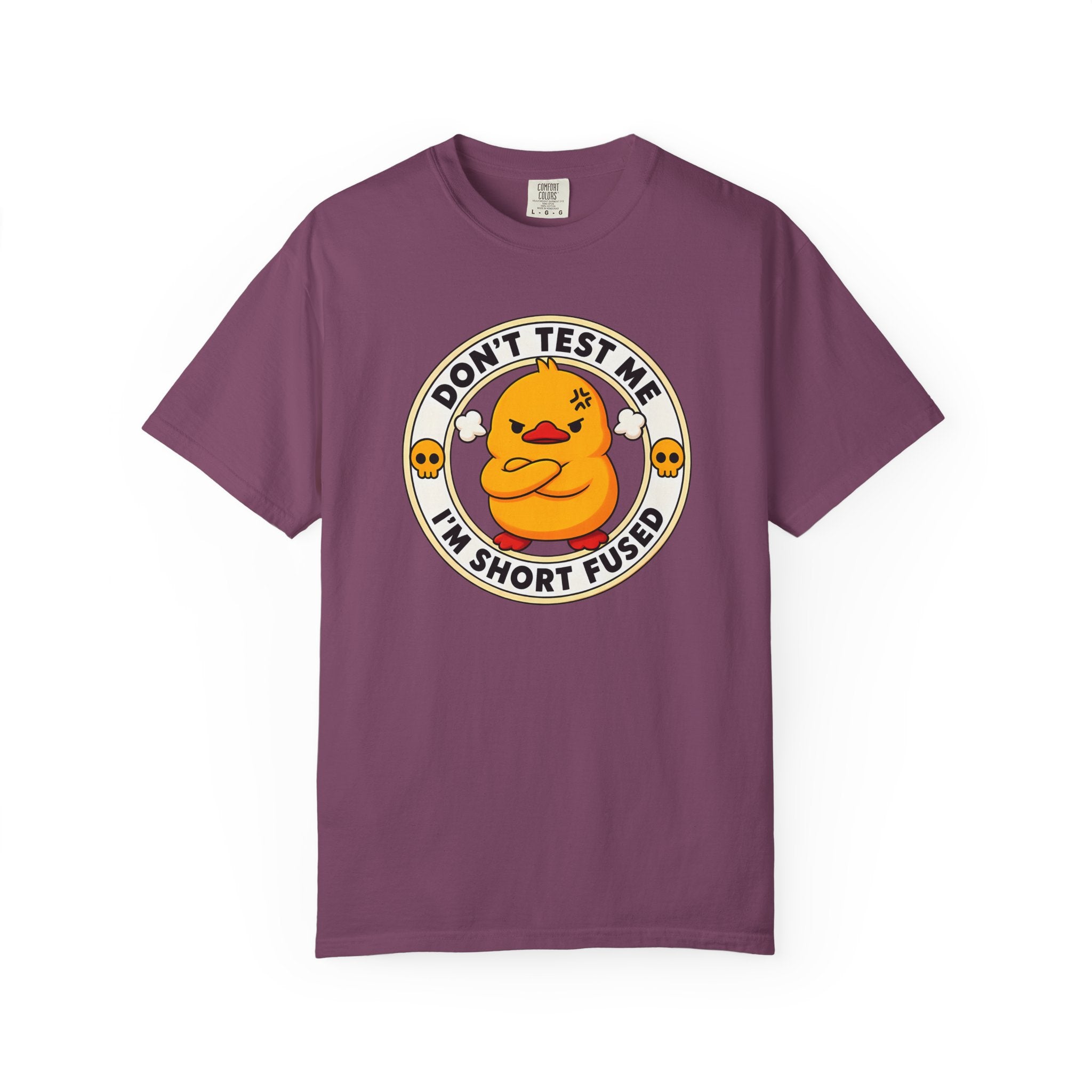 Dont Test Me Duck Tee in Berry — front flat lay with graphic print