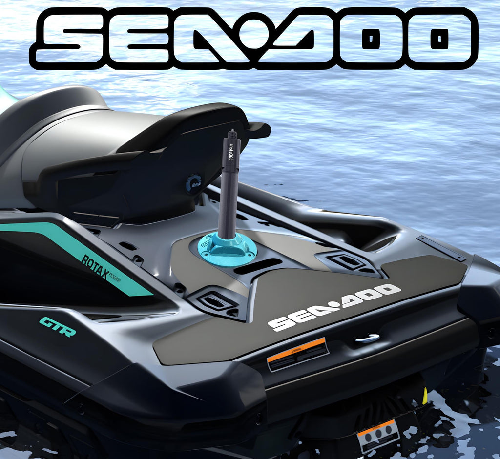 3D rendering of the Insta360 pole mount installed on a Sea-Doo GTR jet ski deck