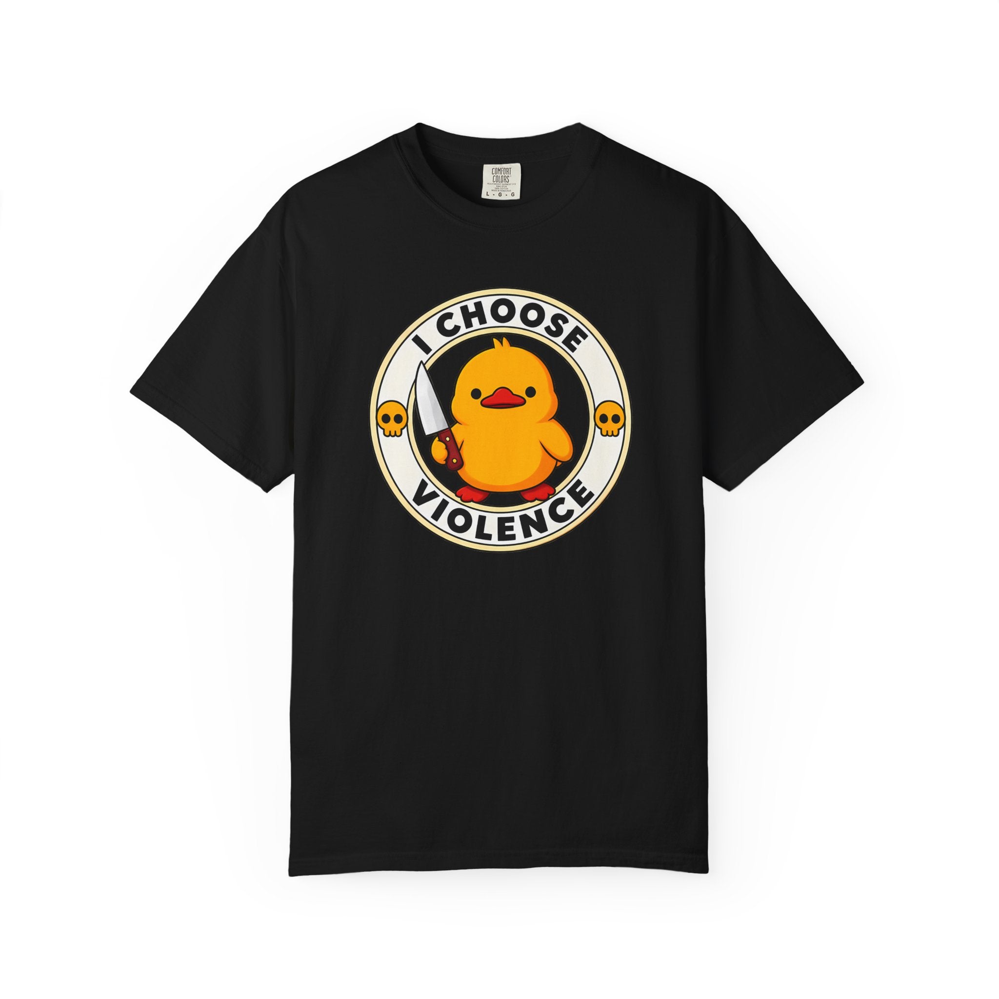 I Choose Violence Duck Tee in Black — front flat lay with graphic print