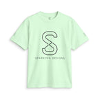 Soft mint green SparkyCA logo tee, front flat lay, black outline S logo on chest