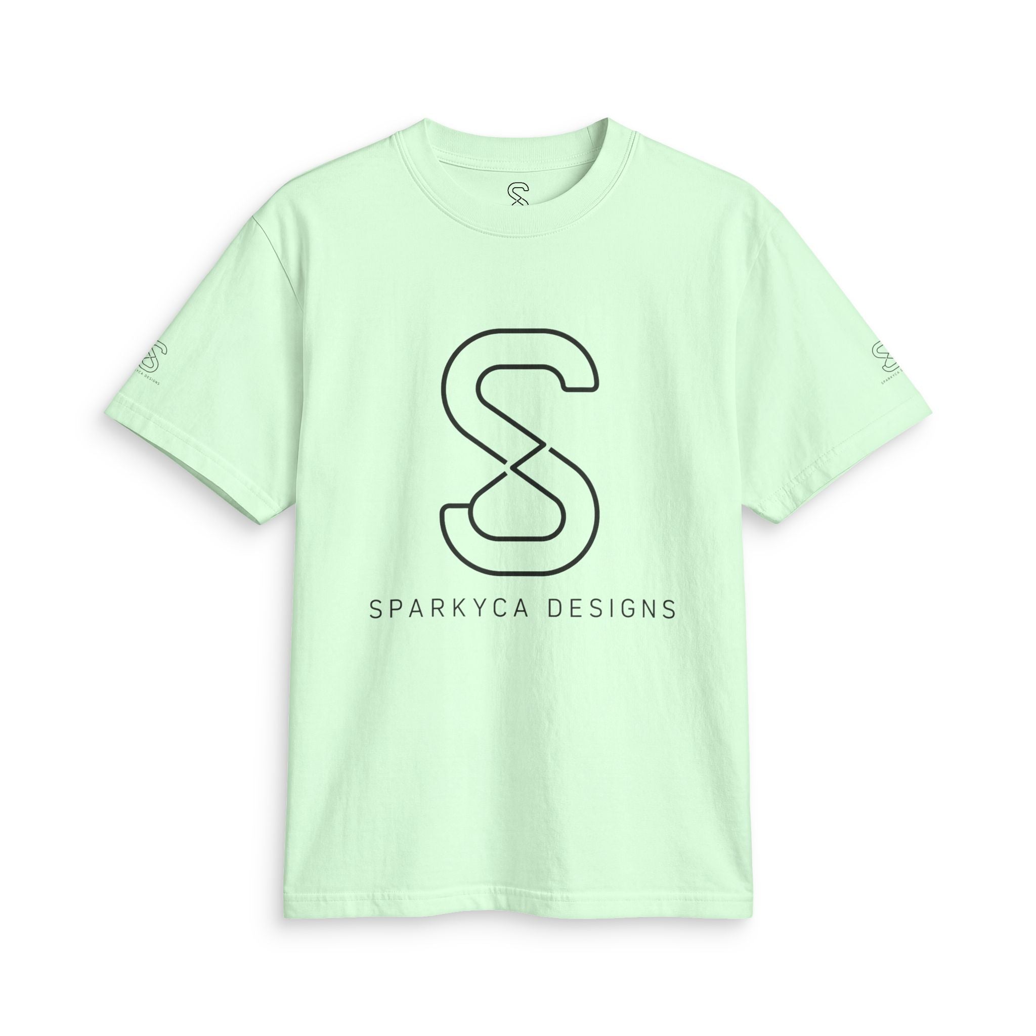 Soft mint green SparkyCA logo tee, front flat lay, black outline S logo on chest