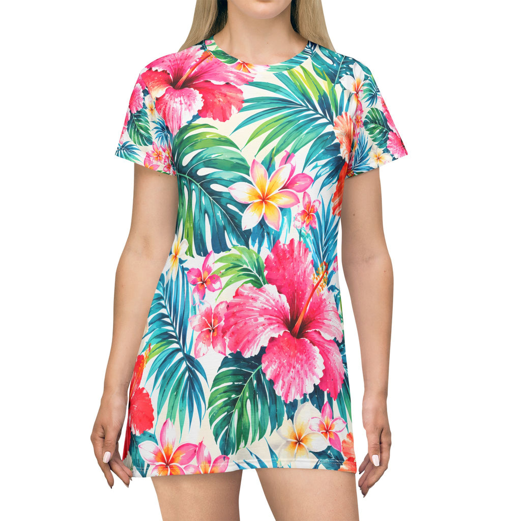T-Shirt Dress - Tropical Hibiscus All-Over Print Beach Dress