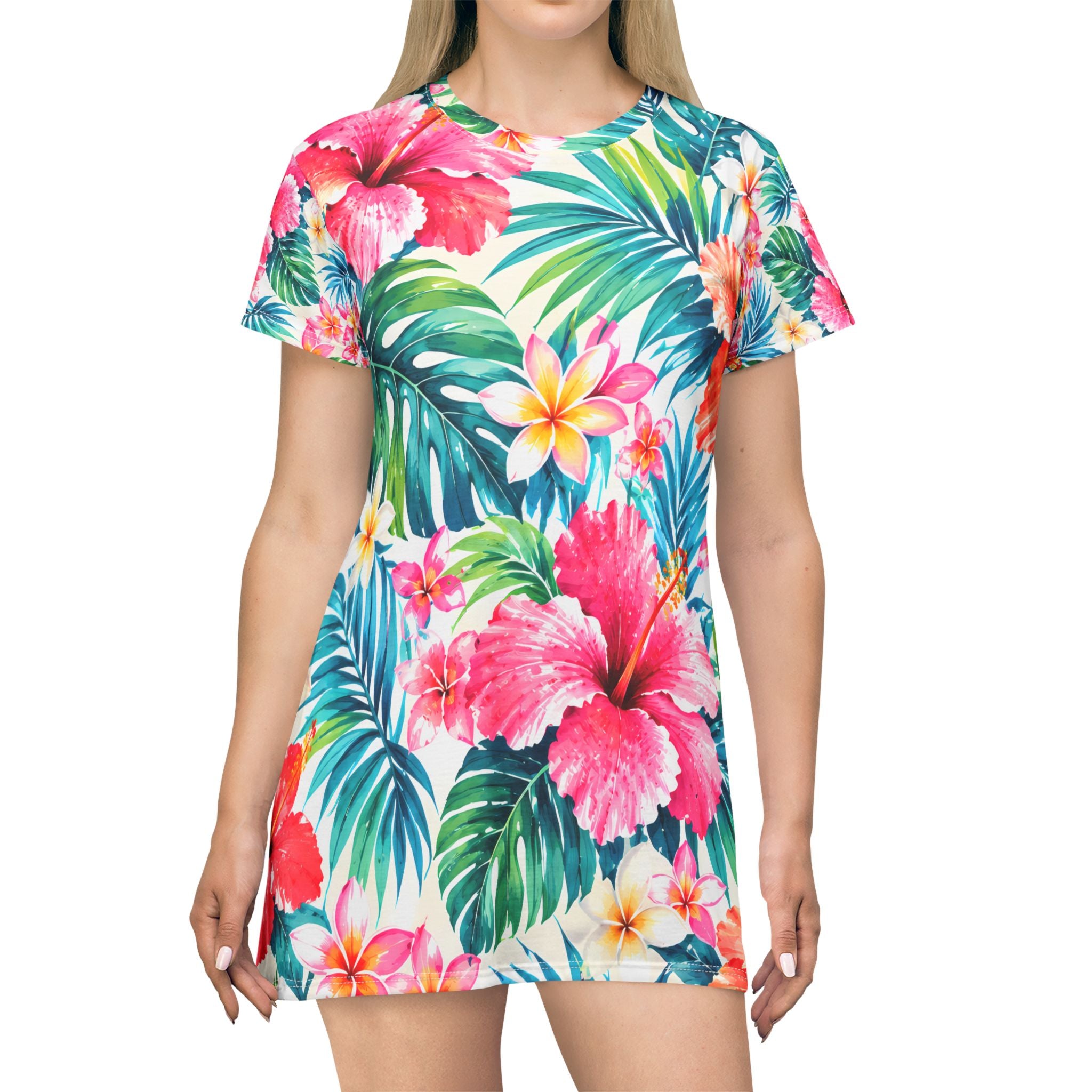 T-Shirt Dress - Tropical Hibiscus All-Over Print Beach Dress