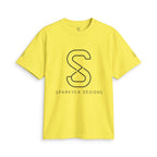Yellow SparkyCA logo tee, front flat lay with black outline S logo and wordmark