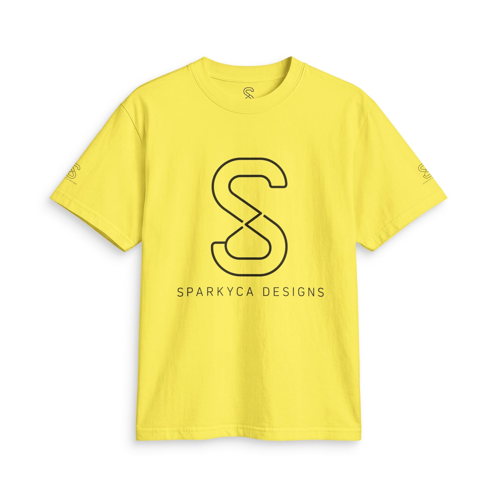 Yellow SparkyCA logo tee, front flat lay with black outline S logo and wordmark