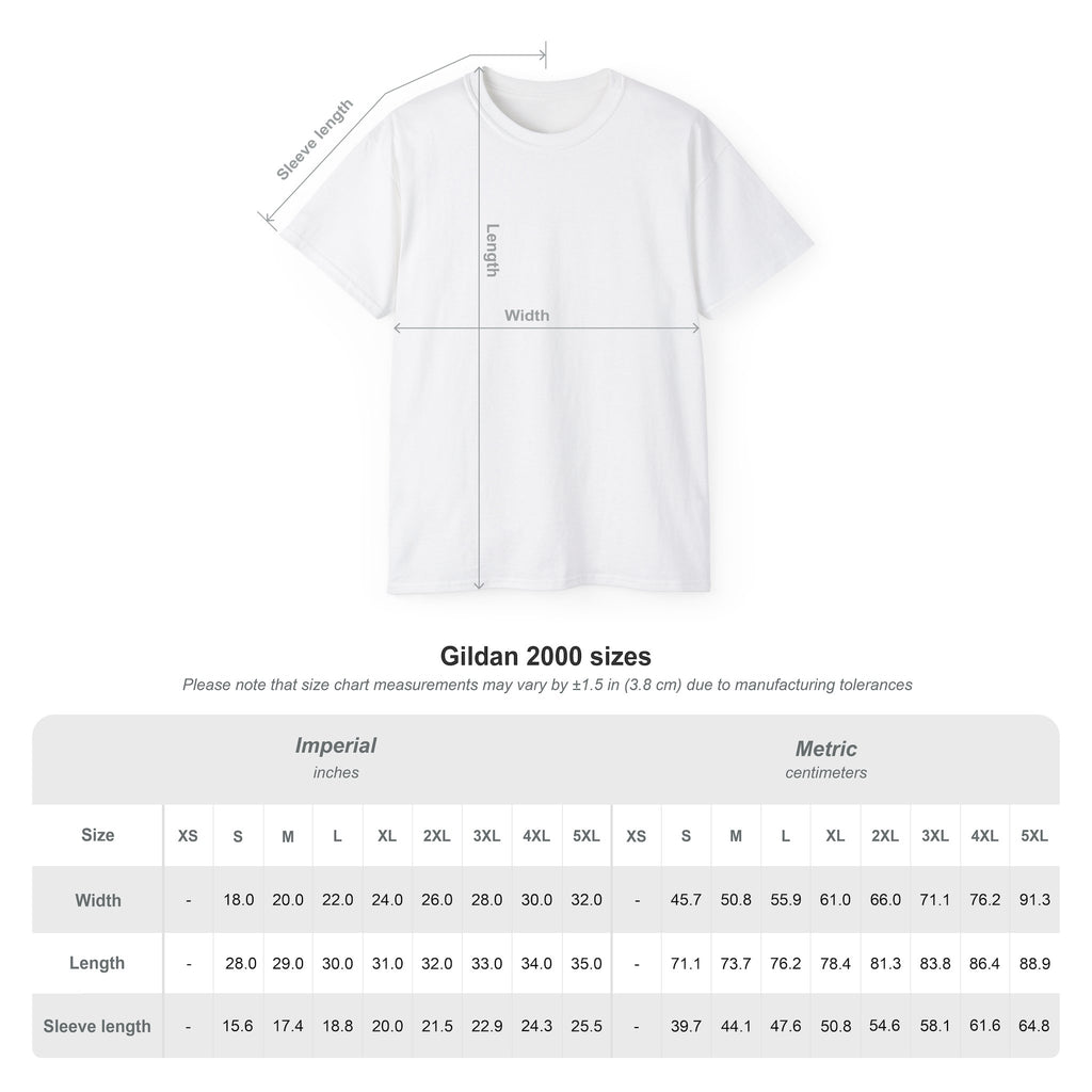 Live the Sea-Doo Life Tee size chart — Gildan 2000, width/length/sleeve by size