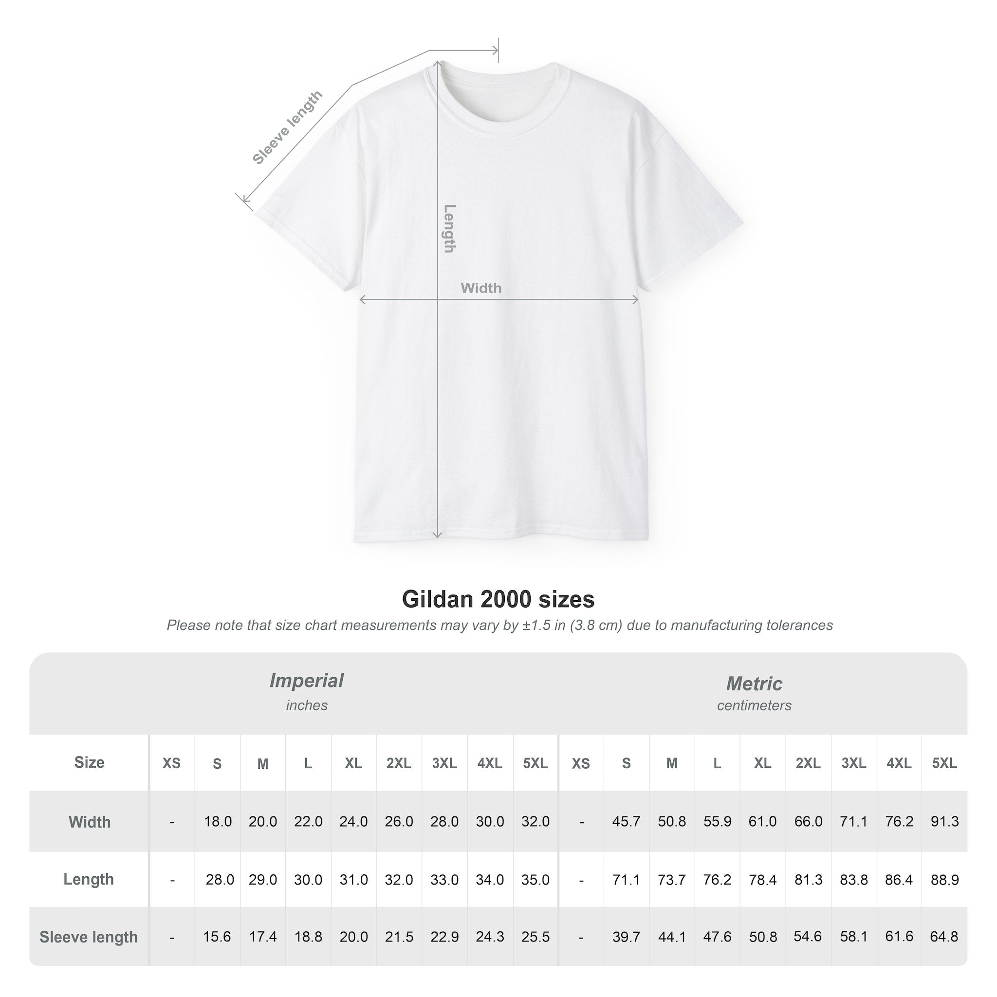 Live the Sea-Doo Life Tee size chart — Gildan 2000, width/length/sleeve by size