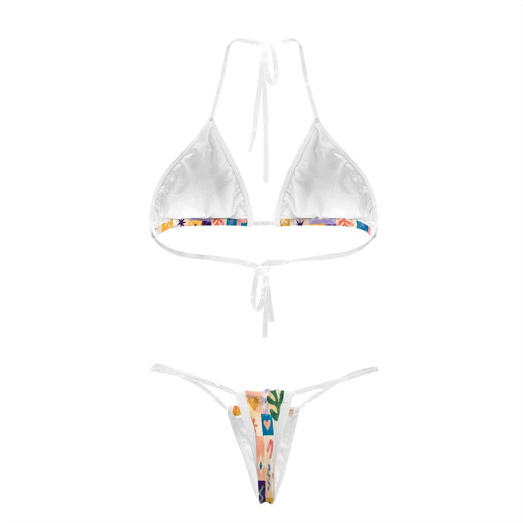 White-trim bikini set with colorful patchwork print, back view laid flat