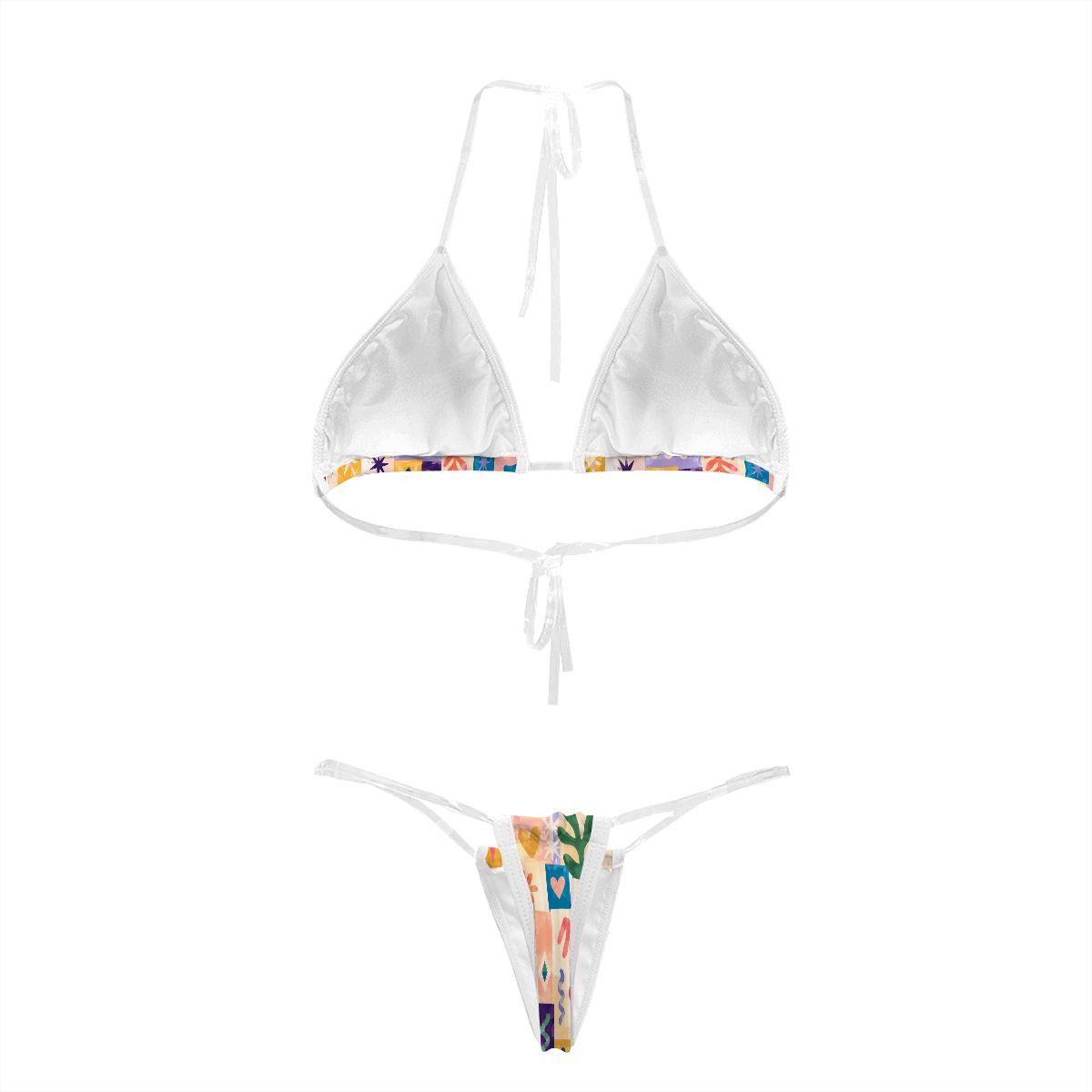 White-trim bikini set with colorful patchwork print, back view laid flat