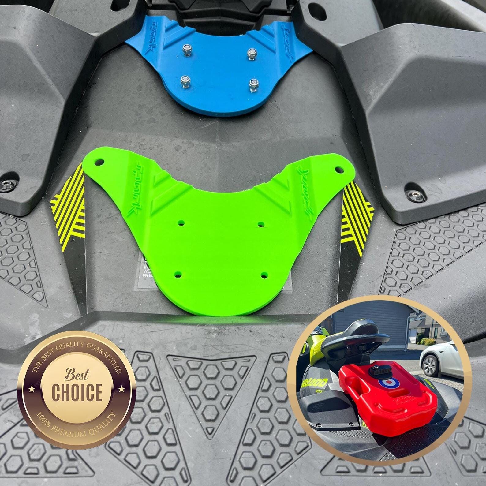 Blue and green Sea-Doo Spark gas can brackets mounted on the rear deck, with a red fuel can inset