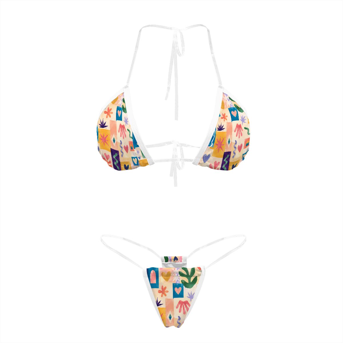 White-trim bikini set with colorful patchwork print, laid flat, top and bottom