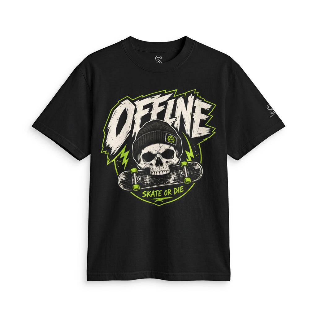 Black Offline Skate or Die graphic tee laid flat, showing the front skull-and-skateboard print with green lightning bolt outline.