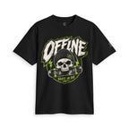Black Offline Skate or Die graphic tee laid flat, showing the front skull-and-skateboard print with green lightning bolt outline.