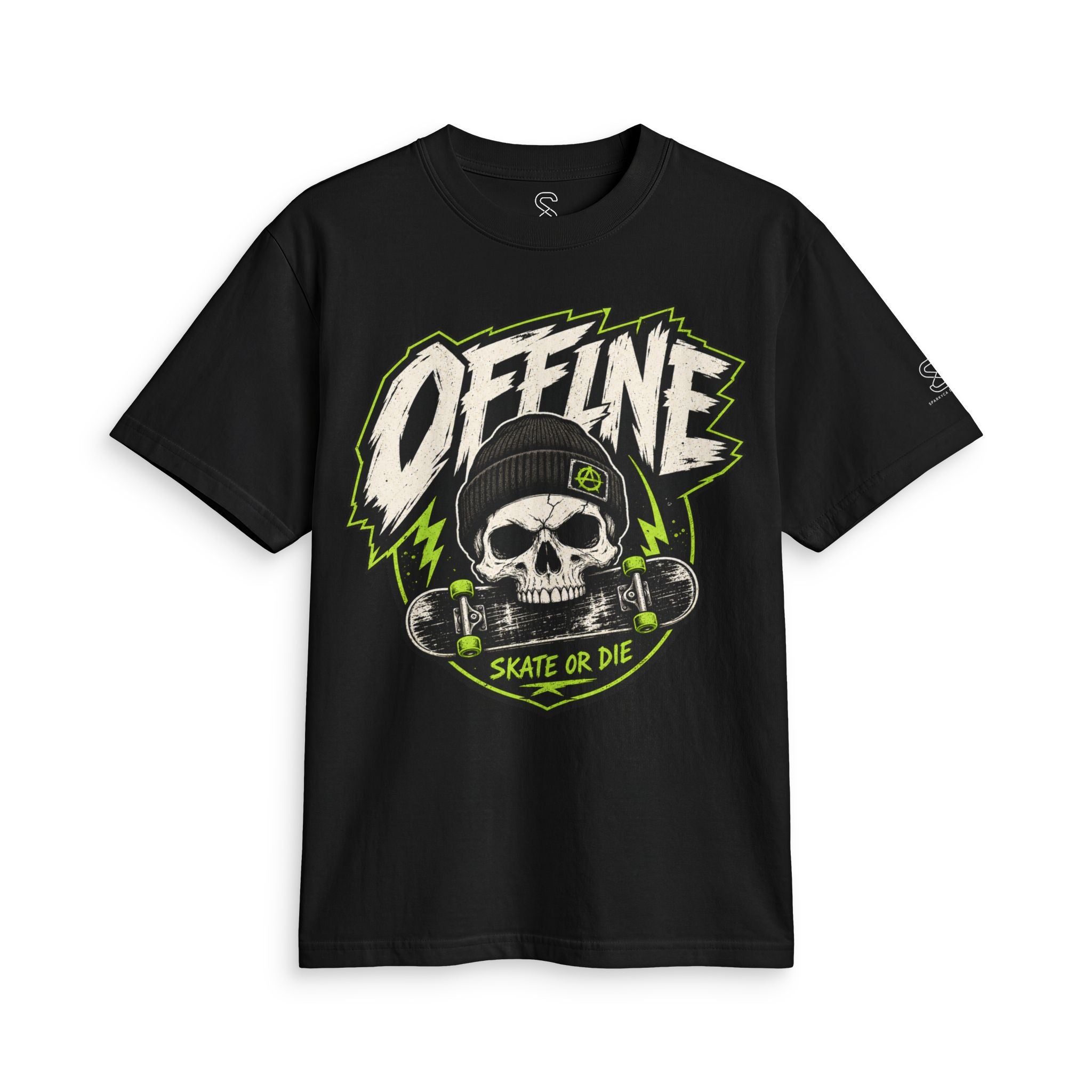 Black Offline Skate or Die graphic tee laid flat, showing the front skull-and-skateboard print with green lightning bolt outline.
