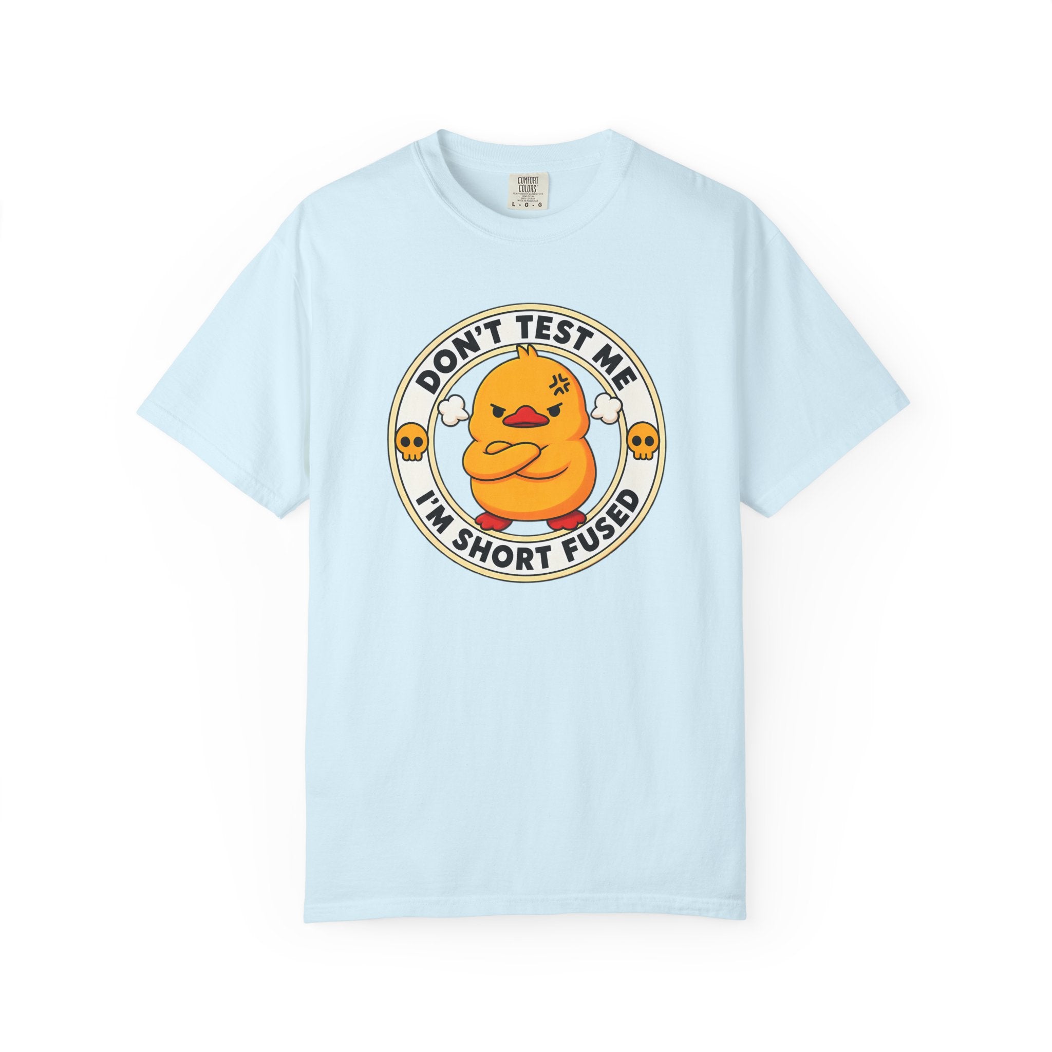 Dont Test Me Duck Tee in Chambray — front flat lay with graphic print