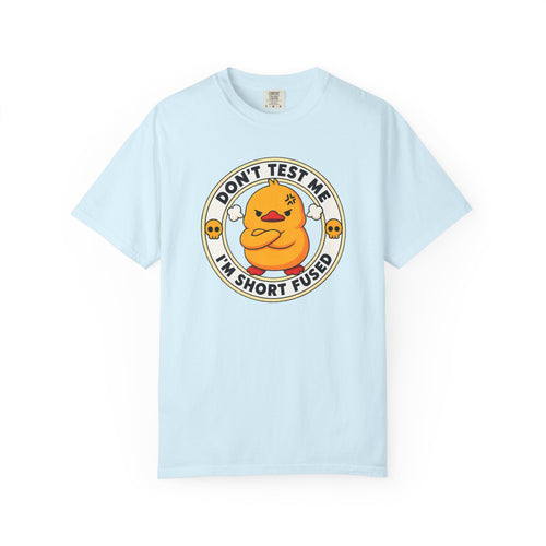 Dont Test Me Duck Tee in Chambray — front flat lay with graphic print
