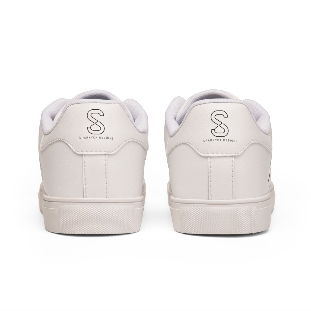 White leather sneaker, side profile product photo on white background
