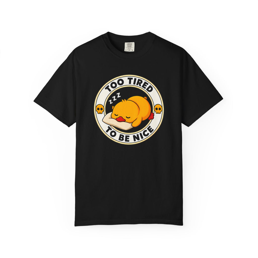 Too Tired Duck Tee in Black — front flat lay with graphic print