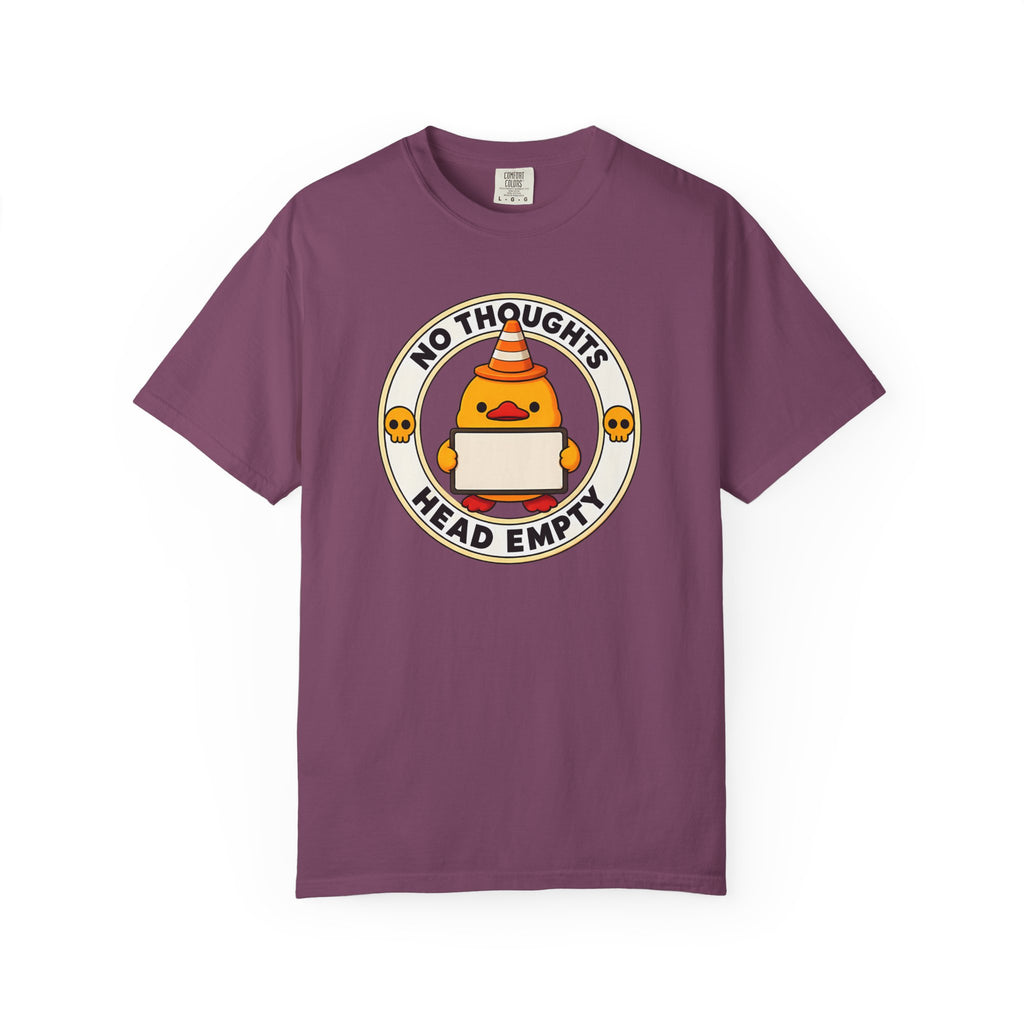 No Thoughts Head Empty Duck Tee in Berry — front flat lay with graphic print