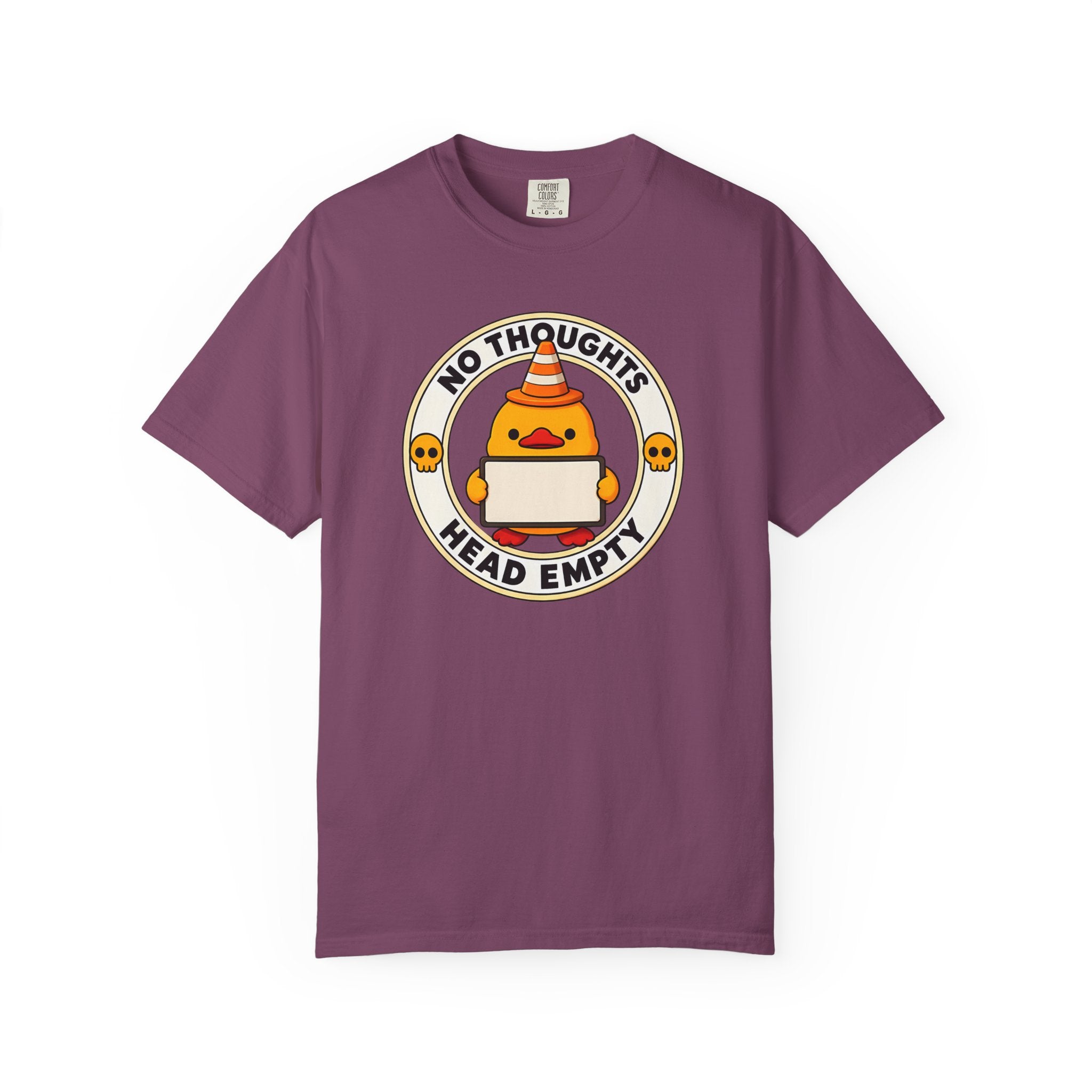 No Thoughts Head Empty Duck Tee in Berry — front flat lay with graphic print